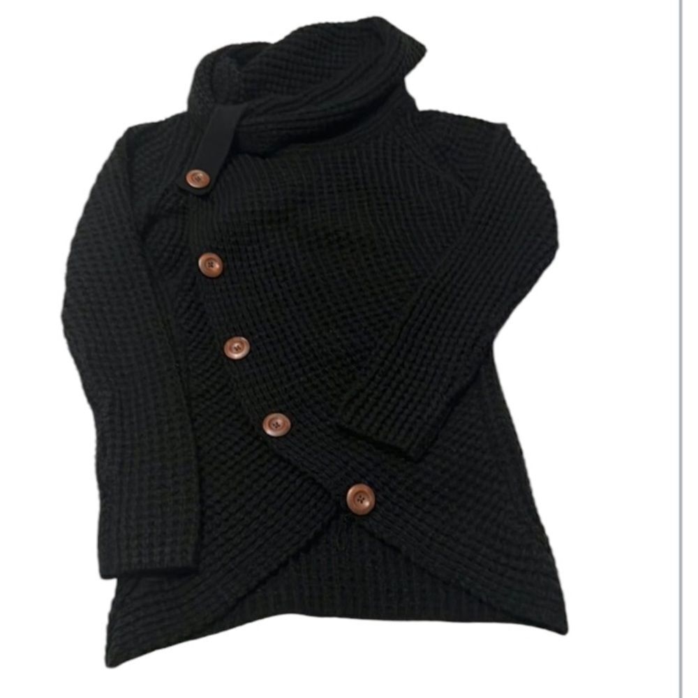 Black size S pullover button accent cowl neck sweater no fading or pilling EUC